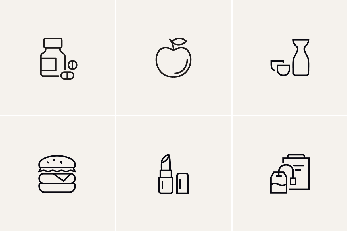 Examples of consumables: supplements and medicines, fruit and fresh food, alcohol and beverages, groceries, cosmetics, tea and other indulgences